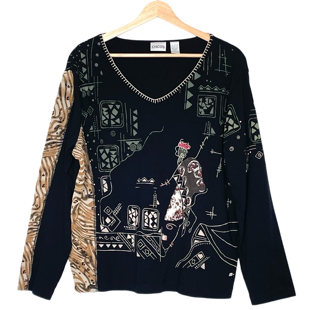 Chico's Black Abstract Printed Long Sleeve Top with Tan Accents